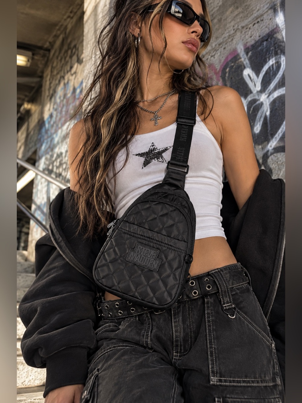 Steve Madden Black Webster Quilted Sling Crossbody Backpack Bag OS